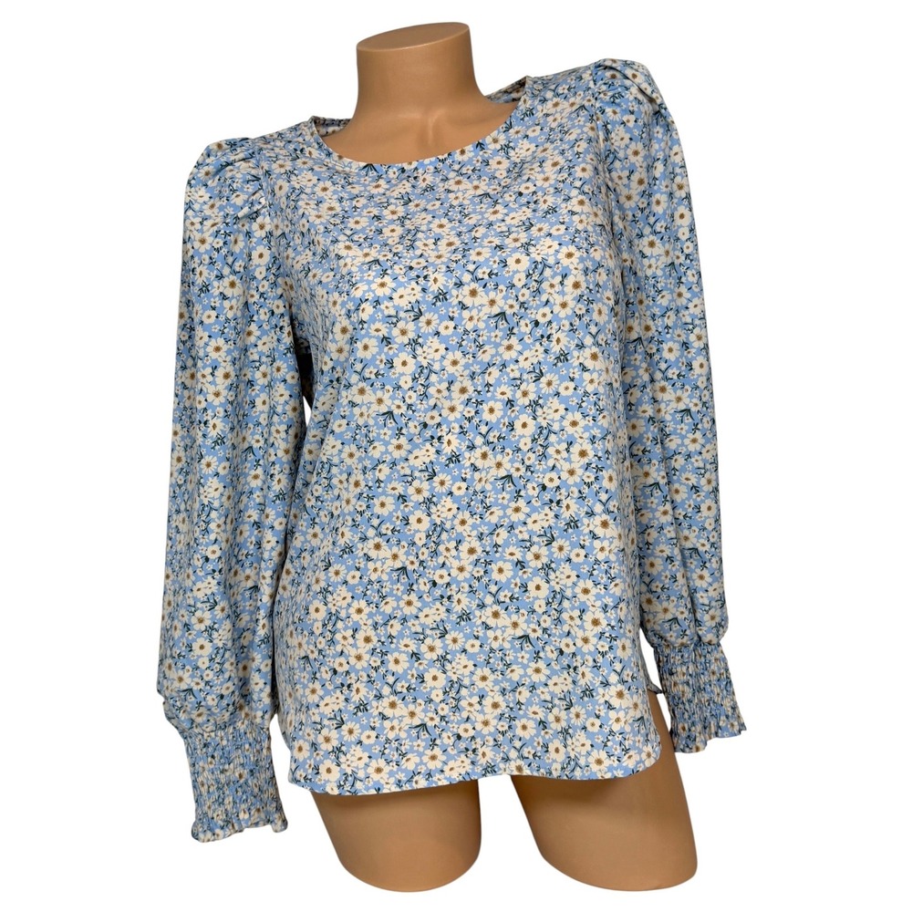Pleione Women's Blue Floral Puff Sleeve Smocked Cuff Blouse Size Small